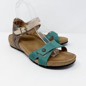Taos Turquoise/Tan Leather Low Wedge Sandals Women EU 39/US 8-8.5 Made in Spain